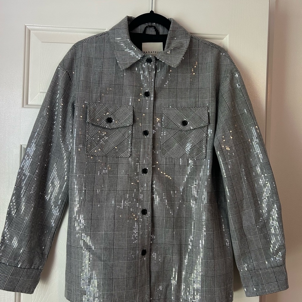 Bagatelle Sequin Plaid Shacket Jacket - Gray